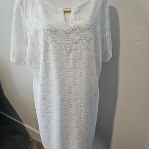 Cato White Knee Length Crochet Dress